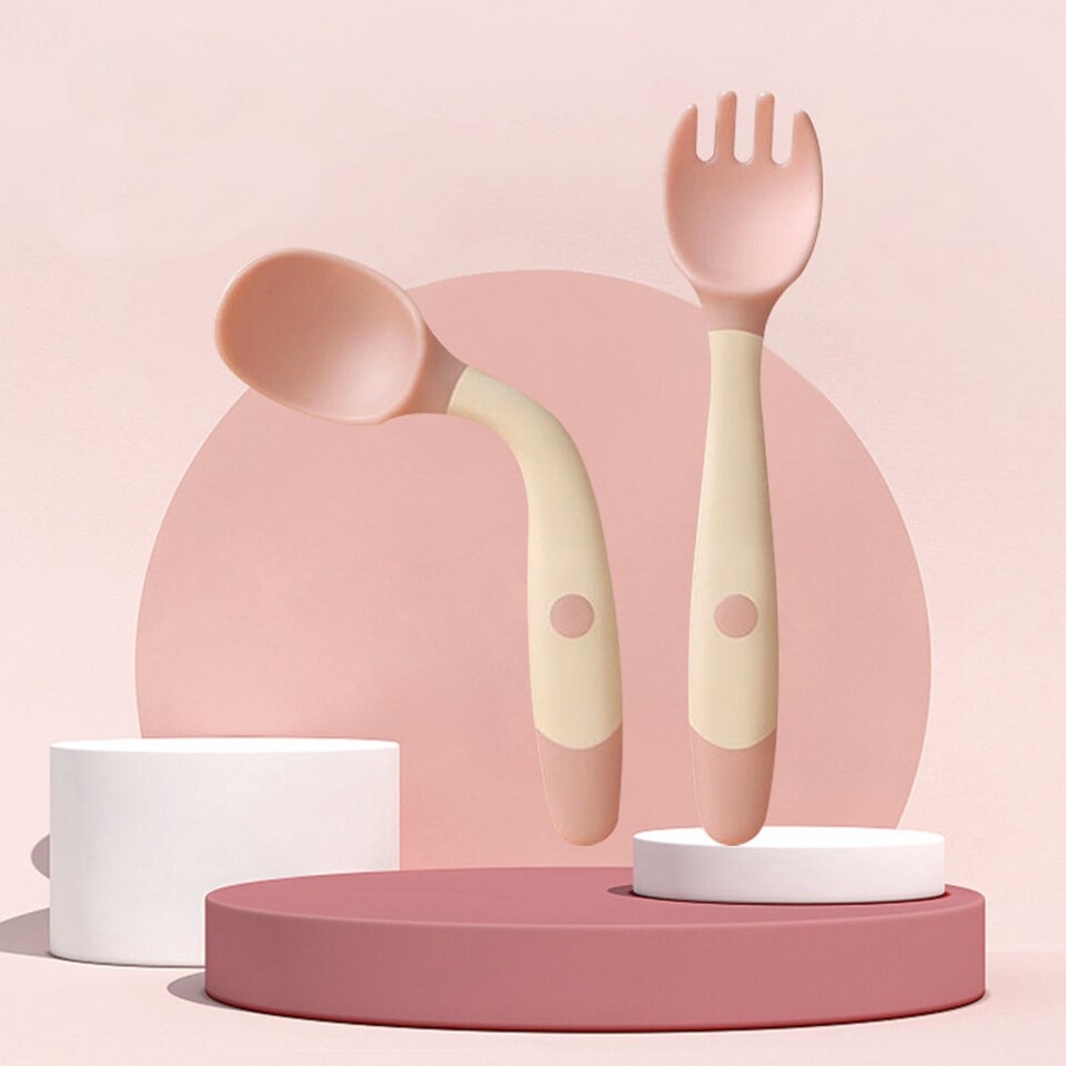 1 Set De Bébé En Silicone Court Poignée Cuillère Enfants